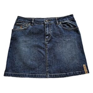 Rocawear Denim Mini Skirt Dark Wash Embroidered Logo Y2K‎ Size 7/8 Stretch